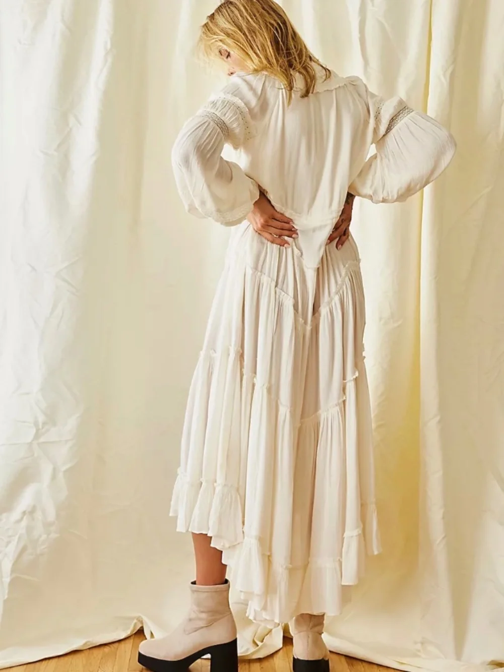 Free People Cassis Ivory Gauze and Lace Midi Dress Wedding Bohemian Size M